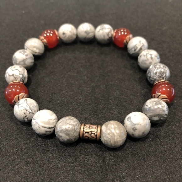 Hand Crafted Other - FOSSIL MAP JASPER & CARNELIAN Stone beads stretch bracelet with copper spacers.